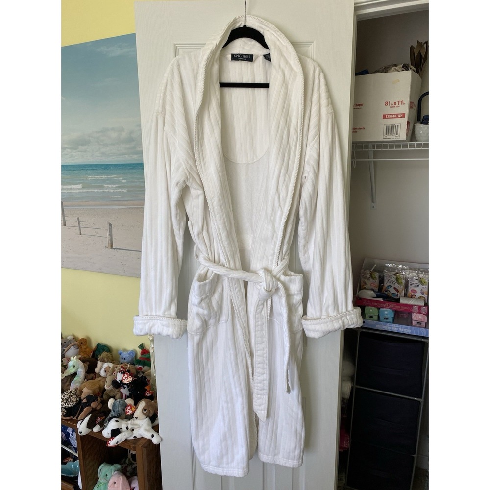 Knothe Lux Mens XLT White 100% Cotton Ribbed Knit Luxury Spa Bathrobe Tall